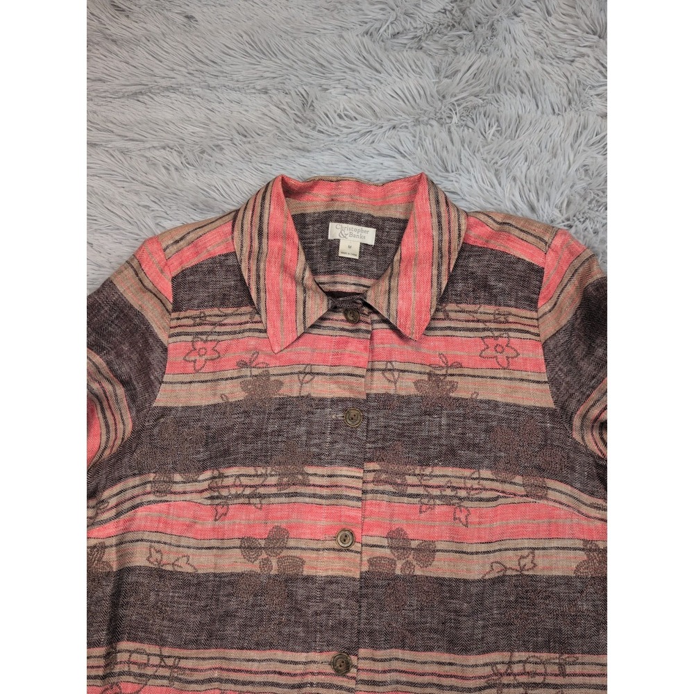 Christopher & Banks Shirt Womens M Linen Button Up Floral Embroidery Preppy - Picture 9 of 12
